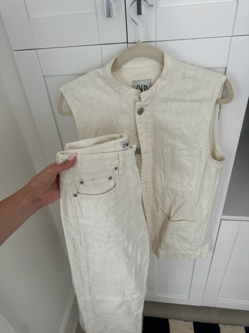 Zara Off-White Textured Denim Vest and Jeans Set